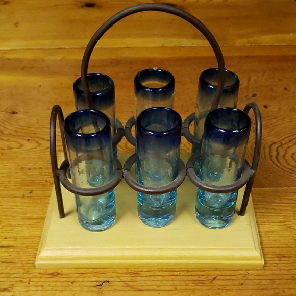 Other - Vintage Artisenal Blue Glass Shot Glass Set with Holder